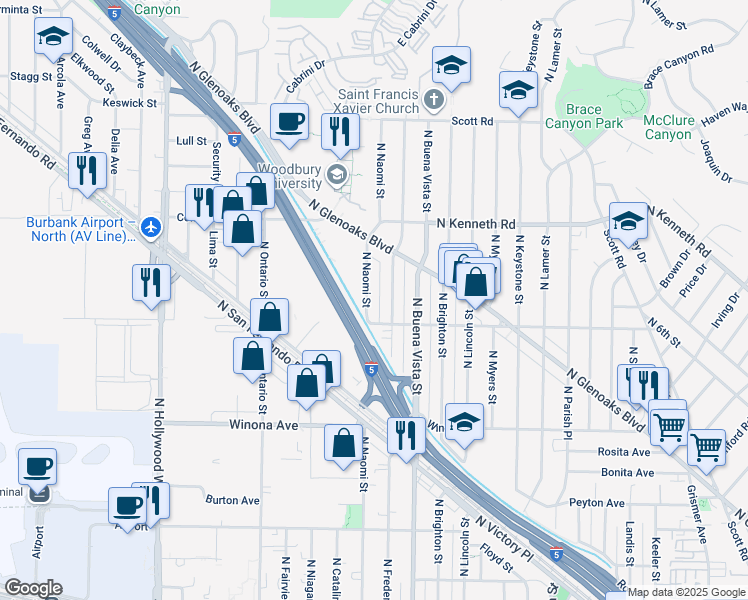 map of restaurants, bars, coffee shops, grocery stores, and more near 2840 North Naomi Street in Burbank
