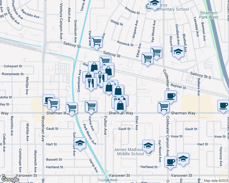 map of restaurants, bars, coffee shops, grocery stores, and more near 7300 Fulton Avenue in Los Angeles