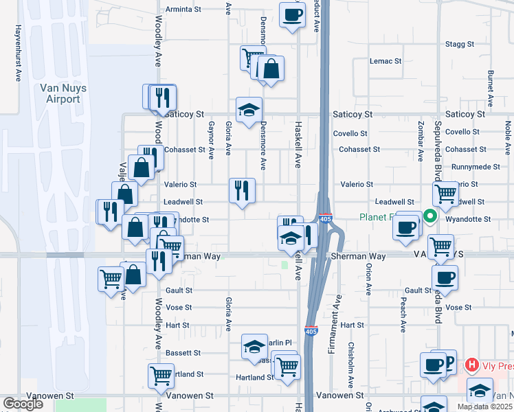 map of restaurants, bars, coffee shops, grocery stores, and more near 15810 Leadwell Street in Los Angeles