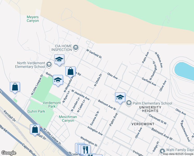 map of restaurants, bars, coffee shops, grocery stores, and more near 3189 West Meyers Road in San Bernardino
