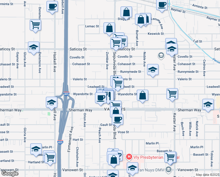 map of restaurants, bars, coffee shops, grocery stores, and more near 15332 Wyandotte Street in Los Angeles