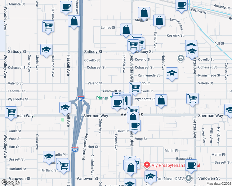 map of restaurants, bars, coffee shops, grocery stores, and more near 15359 Wyandotte Street in Los Angeles