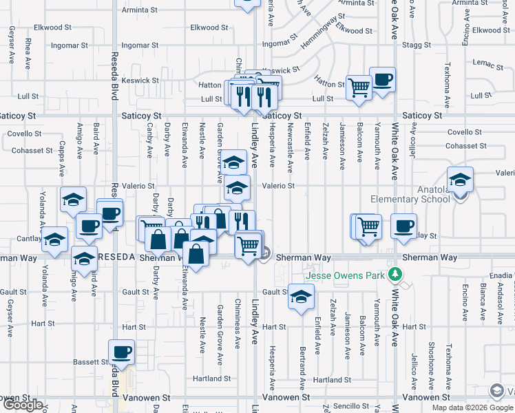 map of restaurants, bars, coffee shops, grocery stores, and more near 7300 Lindley Avenue in Los Angeles