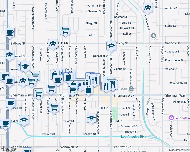 map of restaurants, bars, coffee shops, grocery stores, and more near 7255 Independence Avenue in Los Angeles
