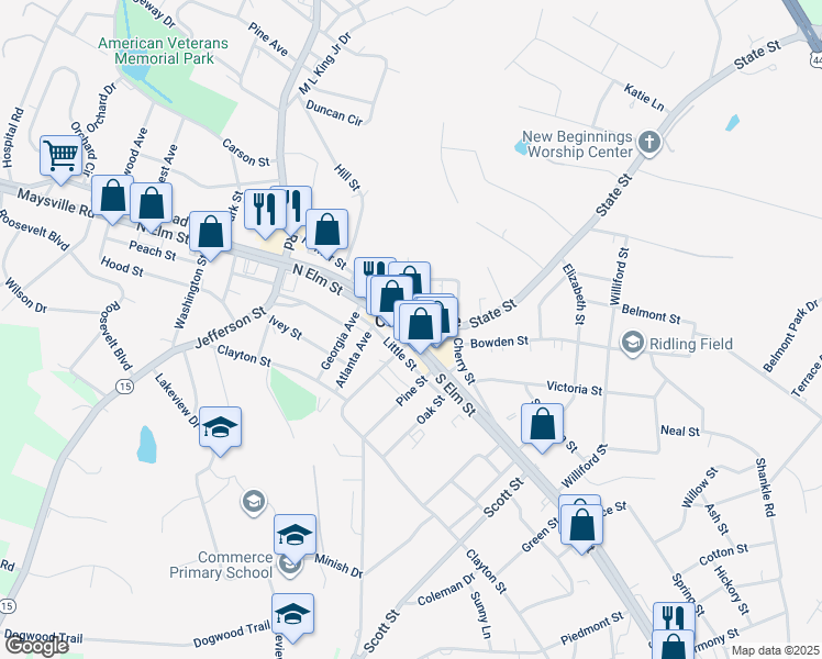 map of restaurants, bars, coffee shops, grocery stores, and more near 1683 South Elm Street in Commerce