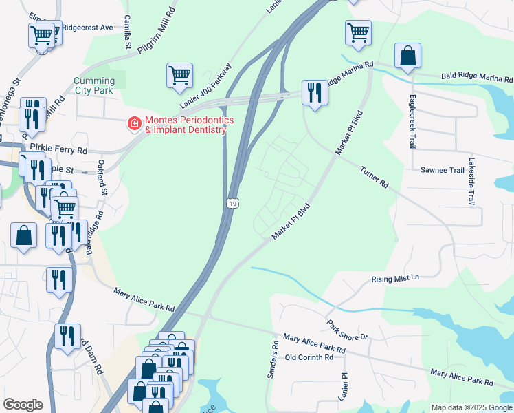 map of restaurants, bars, coffee shops, grocery stores, and more near 1225 Westshore Drive in Cumming