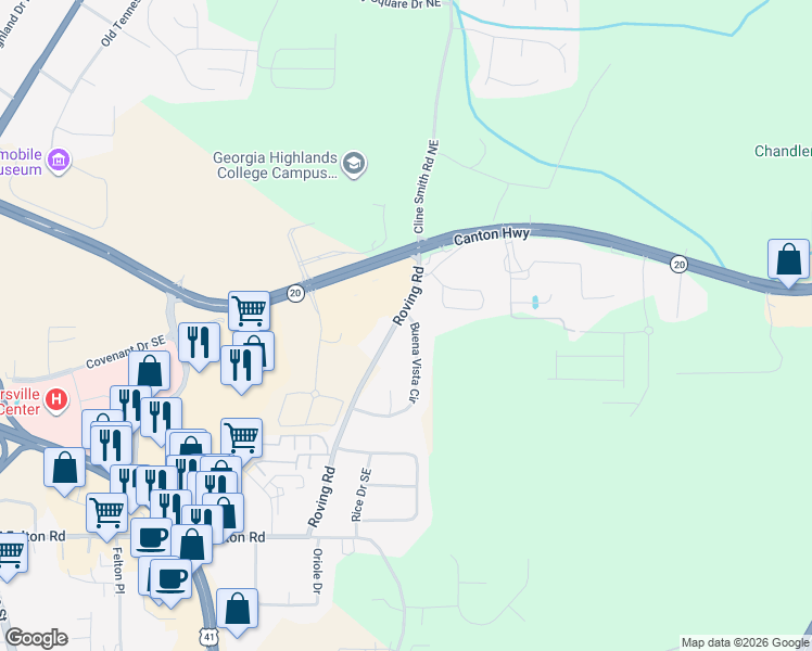 map of restaurants, bars, coffee shops, grocery stores, and more near 79 Buena Vista Circle in Cartersville