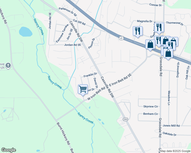 map of restaurants, bars, coffee shops, grocery stores, and more near 12 David Street in Cartersville