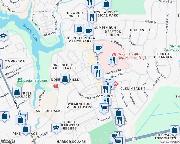 map of restaurants, bars, coffee shops, grocery stores, and more near 1509 Village Drive in Wilmington