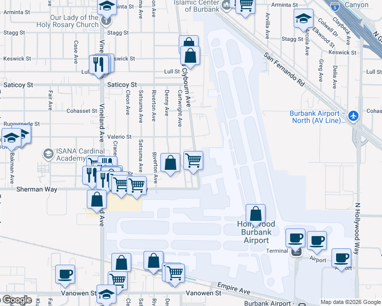 map of restaurants, bars, coffee shops, grocery stores, and more near 7317 Clybourn Avenue in Los Angeles