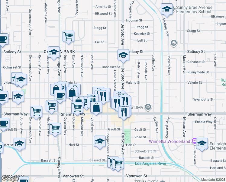 map of restaurants, bars, coffee shops, grocery stores, and more near 7303 Loma Verde Avenue in Los Angeles