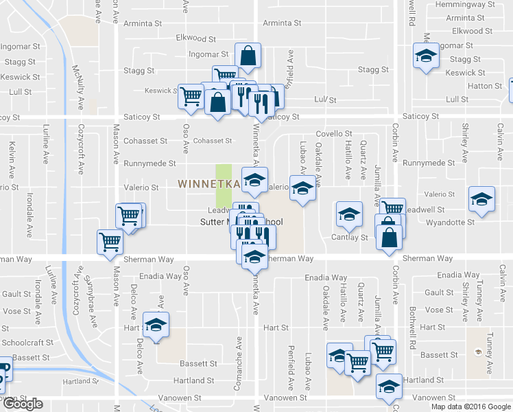 map of restaurants, bars, coffee shops, grocery stores, and more near 7300-7398 Winnetka Avenue in Los Angeles