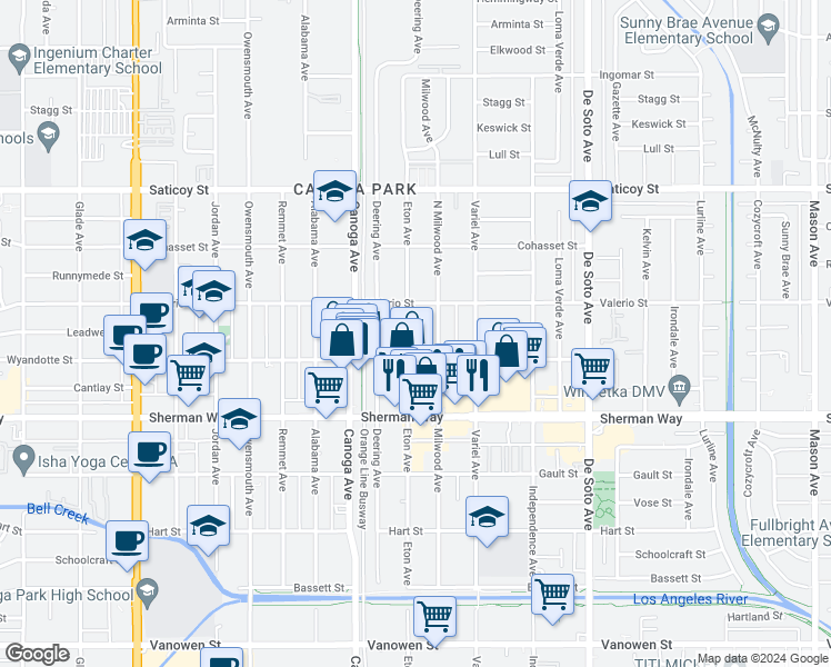 map of restaurants, bars, coffee shops, grocery stores, and more near 7330 Eton Avenue in Los Angeles