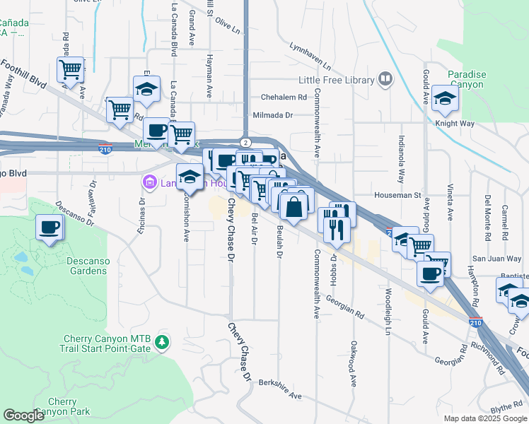 map of restaurants, bars, coffee shops, grocery stores, and more near 920 Foothill Boulevard in La Cañada Flintridge