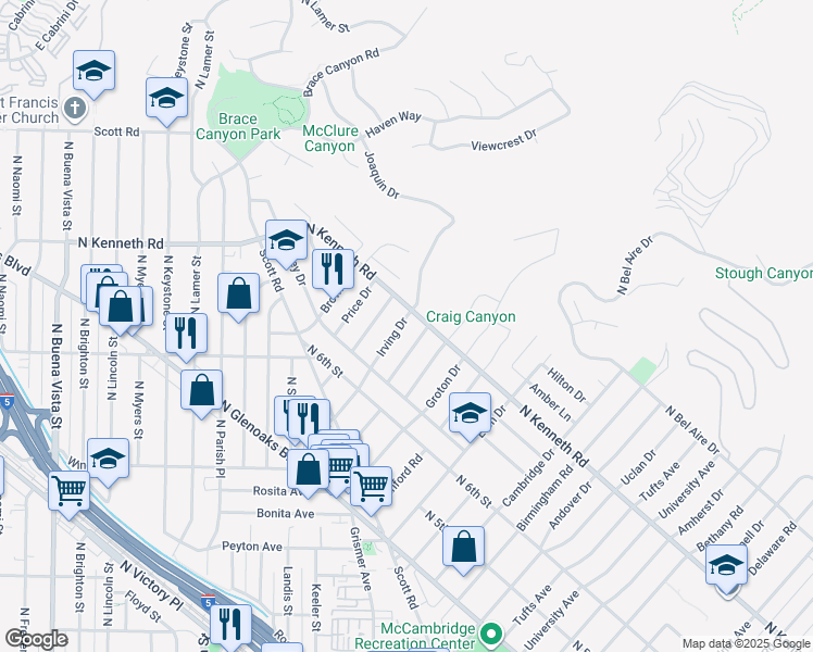 map of restaurants, bars, coffee shops, grocery stores, and more near 736 Irving Drive in Burbank