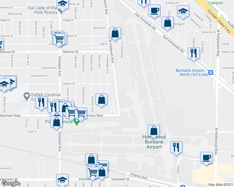 map of restaurants, bars, coffee shops, grocery stores, and more near 3030 Clybourn Avenue in Burbank