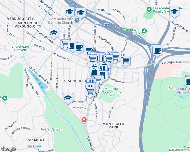 map of restaurants, bars, coffee shops, grocery stores, and more near 35281/2 Ocean View Boulevard in Glendale