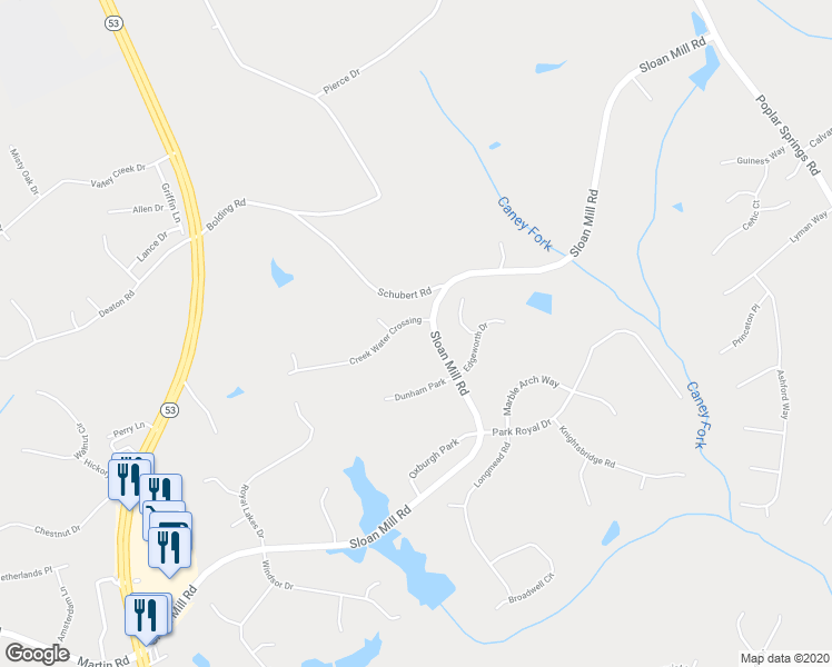 map of restaurants, bars, coffee shops, grocery stores, and more near 4111 Creek Water Crossing in Flowery Branch