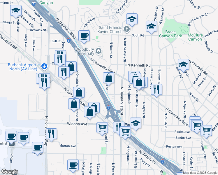 map of restaurants, bars, coffee shops, grocery stores, and more near 2840 North Naomi Street in Burbank