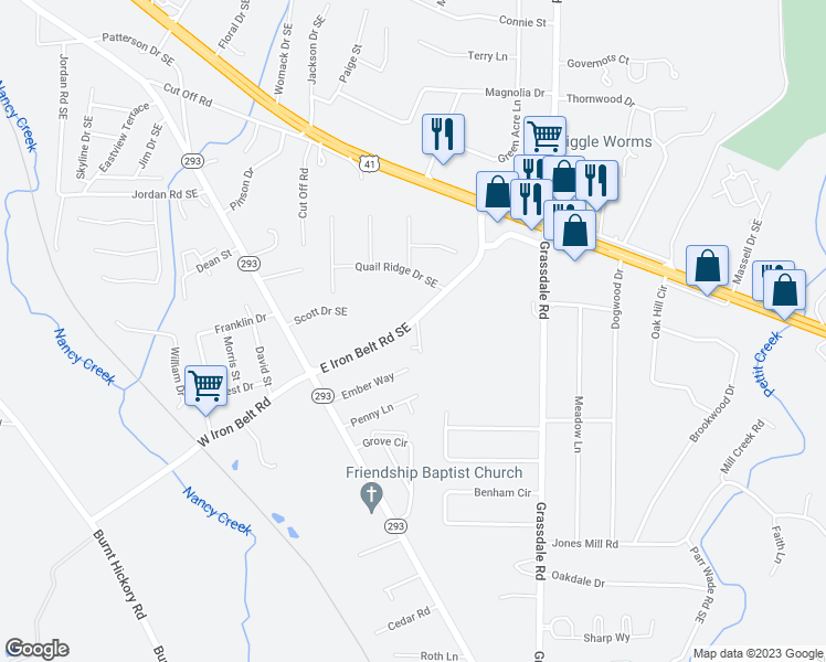 map of restaurants, bars, coffee shops, grocery stores, and more near 301 Iron Belt Court in Cartersville