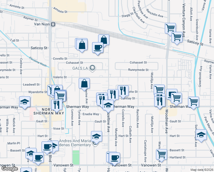 map of restaurants, bars, coffee shops, grocery stores, and more near 14104 West Monroe Place in Los Angeles