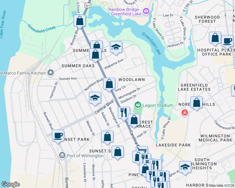 map of restaurants, bars, coffee shops, grocery stores, and more near 2069 Carolina Beach Road in Wilmington