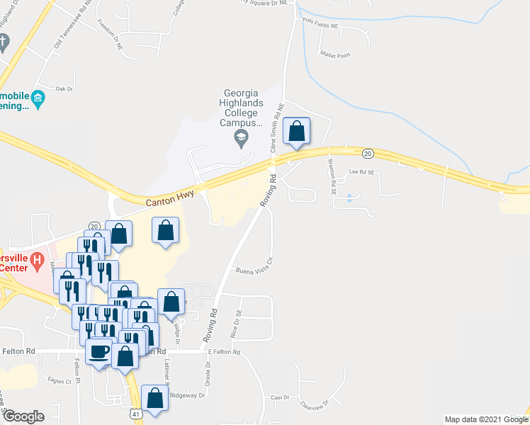 map of restaurants, bars, coffee shops, grocery stores, and more near 79 Buena Vista Circle in Cartersville