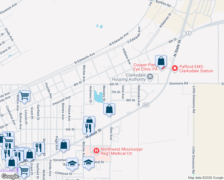 map of restaurants, bars, coffee shops, grocery stores, and more near 465 Ohio Avenue in Clarksdale