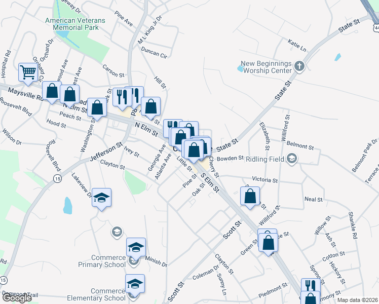 map of restaurants, bars, coffee shops, grocery stores, and more near 1683 South Elm Street in Commerce
