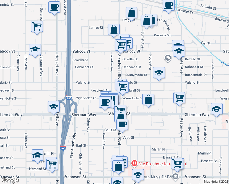 map of restaurants, bars, coffee shops, grocery stores, and more near 15332 Wyandotte Street in Los Angeles