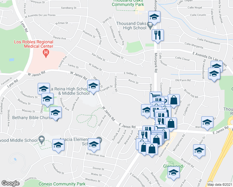 map of restaurants, bars, coffee shops, grocery stores, and more near 130 Columbia Road in Thousand Oaks