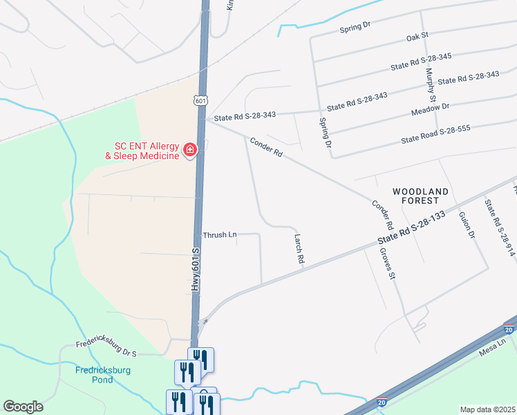 map of restaurants, bars, coffee shops, grocery stores, and more near Larch Road in Lugoff
