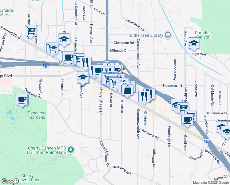 map of restaurants, bars, coffee shops, grocery stores, and more near 930 Foothill Boulevard in La Cañada Flintridge