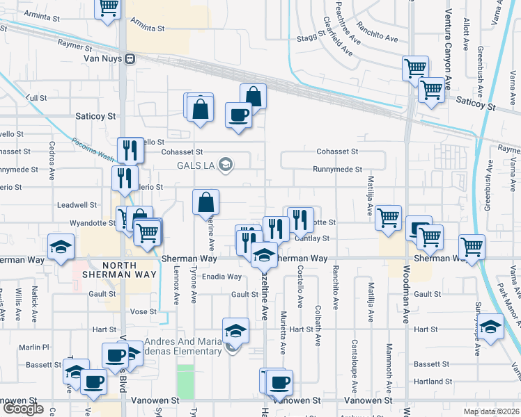 map of restaurants, bars, coffee shops, grocery stores, and more near 14104 West Monroe Place in Los Angeles