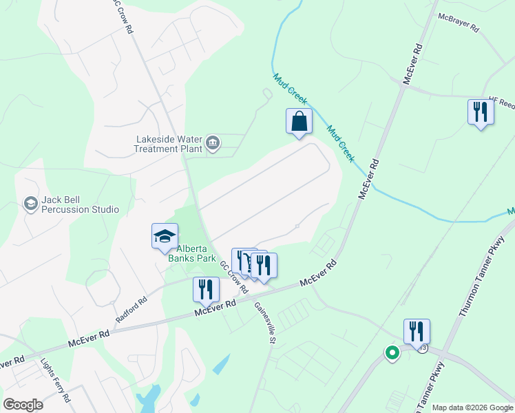 map of restaurants, bars, coffee shops, grocery stores, and more near 5595 Newberry Point Drive in Flowery Branch