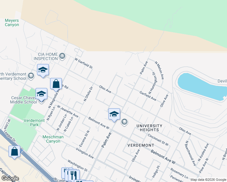 map of restaurants, bars, coffee shops, grocery stores, and more near 6758 Ridgeline Avenue in San Bernardino