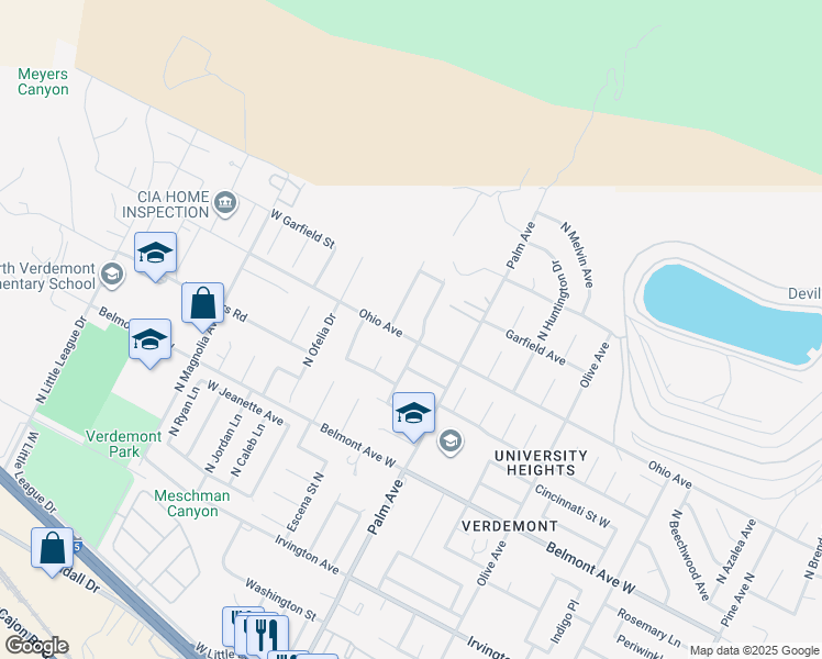 map of restaurants, bars, coffee shops, grocery stores, and more near 6758 North Ridgeline Avenue in San Bernardino