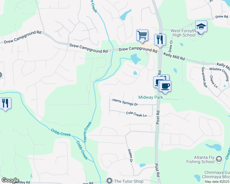 map of restaurants, bars, coffee shops, grocery stores, and more near 5650 Copper Creek Pass in Cumming