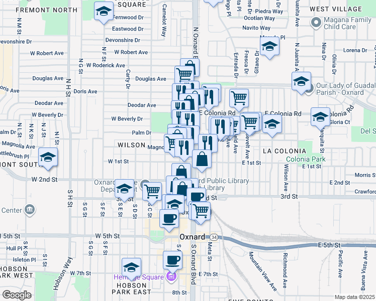 map of restaurants, bars, coffee shops, grocery stores, and more near 120 Magnolia Avenue in Oxnard