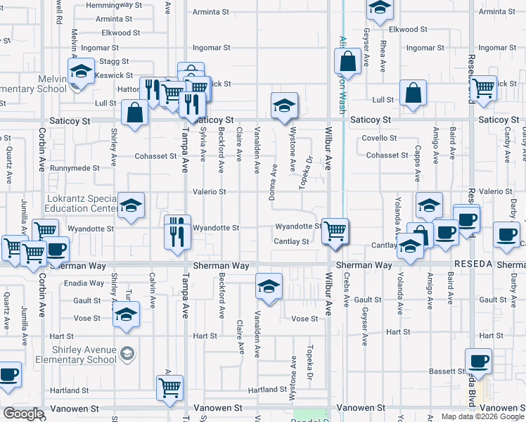 map of restaurants, bars, coffee shops, grocery stores, and more near 7353 Vanalden Avenue in Los Angeles