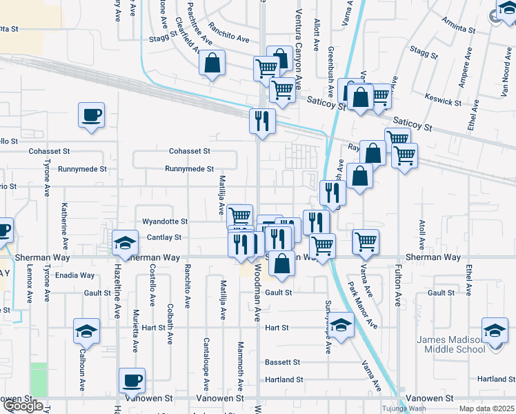 map of restaurants, bars, coffee shops, grocery stores, and more near Woodman Avenue in Los Angeles