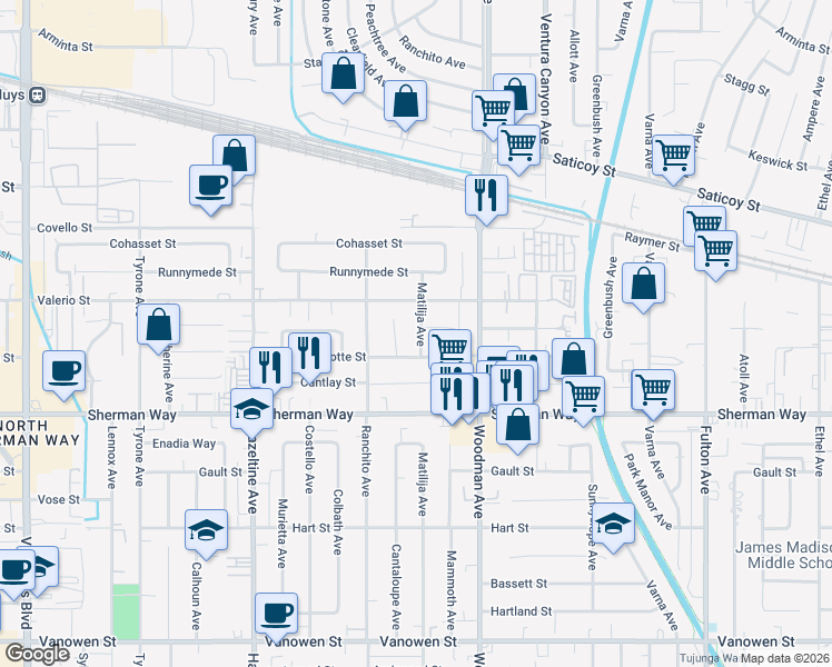 map of restaurants, bars, coffee shops, grocery stores, and more near 7325 Matilija Avenue in Los Angeles