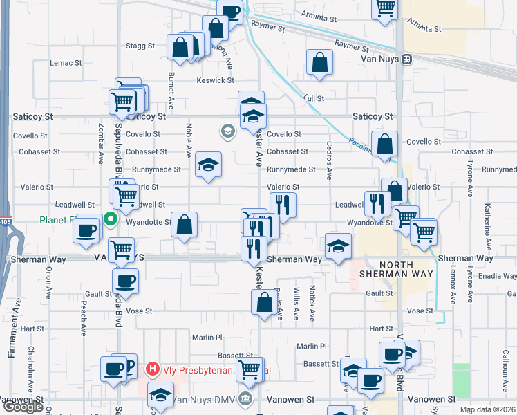 map of restaurants, bars, coffee shops, grocery stores, and more near 7311 Kester Avenue in Los Angeles