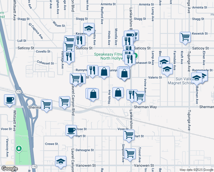 map of restaurants, bars, coffee shops, grocery stores, and more near 7331 Hinds Avenue in Los Angeles