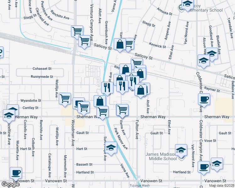 map of restaurants, bars, coffee shops, grocery stores, and more near 7349 Varna Avenue in Los Angeles