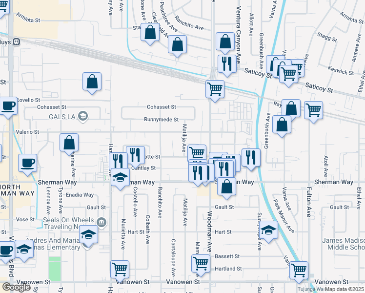 map of restaurants, bars, coffee shops, grocery stores, and more near 7325 Matilija Avenue in Los Angeles
