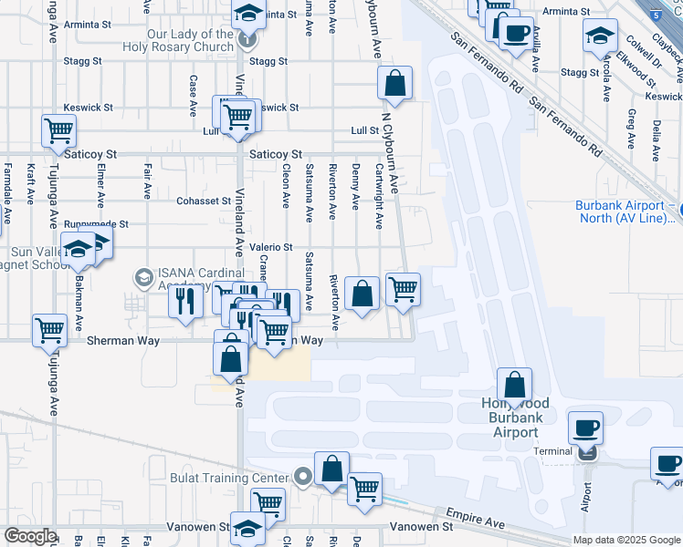 map of restaurants, bars, coffee shops, grocery stores, and more near 7351 Denny Avenue in Los Angeles