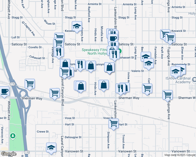 map of restaurants, bars, coffee shops, grocery stores, and more near 11802 Valerio Street in Los Angeles