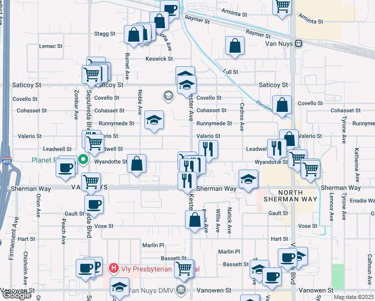 map of restaurants, bars, coffee shops, grocery stores, and more near 14916 Valerio Street in Los Angeles