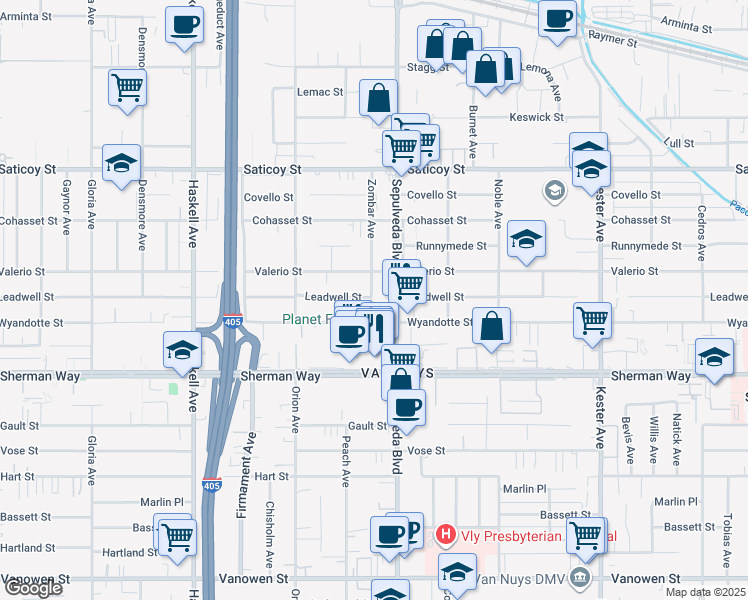 map of restaurants, bars, coffee shops, grocery stores, and more near 7357 Sepulveda Boulevard in Los Angeles